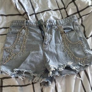Frayed Hem Embellished Denim Shorts